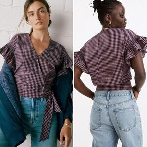NEW Madewell Flutter-Sleeve Side-Tie Wrap Top in Plaid, S‎